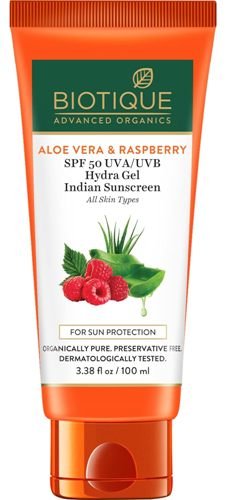 Biotique aloe vera & raspberry spf 50 hydra gel indian sunscreen