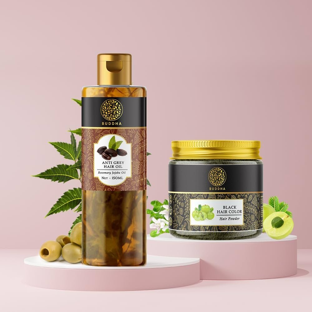 Buddha Natural Anti Grey Hair Oil & Black Hair Color Powder Combo