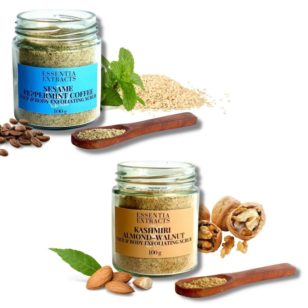 Essentia Extracts Combo of Kashmiri Almond Walnut and Sesame Peppermint Coffee Face & Body Exfoliating Scrub