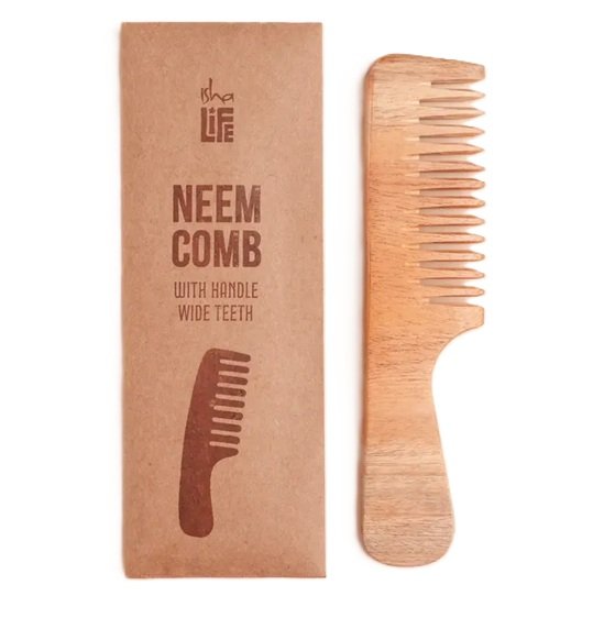 Isha Life Handmade Neem Wood Comb with Handle (Wider Teeth)