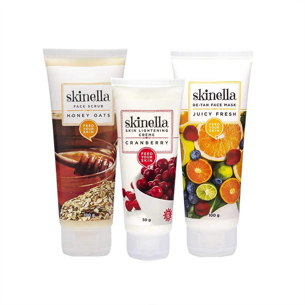Skinella Combo Honey Oats Face Scrubs, Juicy Fresh De-Tan Face Mask, & Cranberry lightening creme