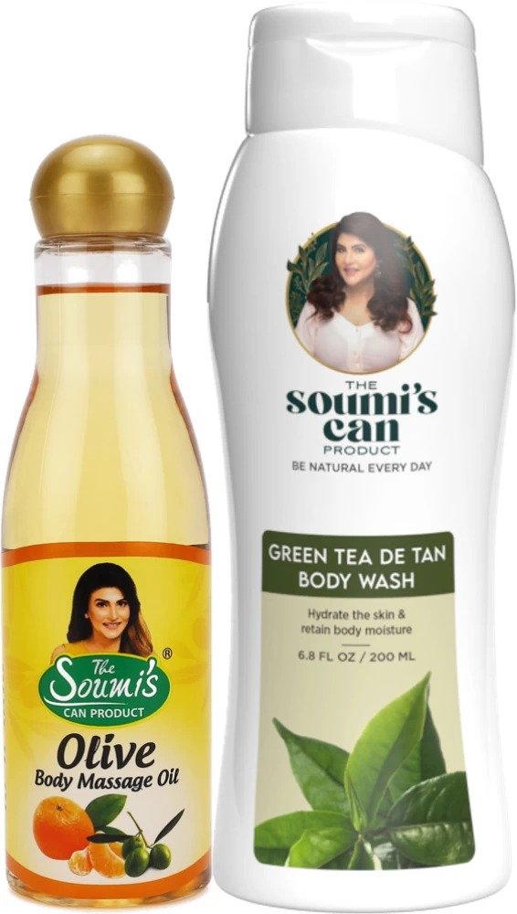 The Soumis Can Olive Body Massage Oil and Green Tea De Tan Body Wash