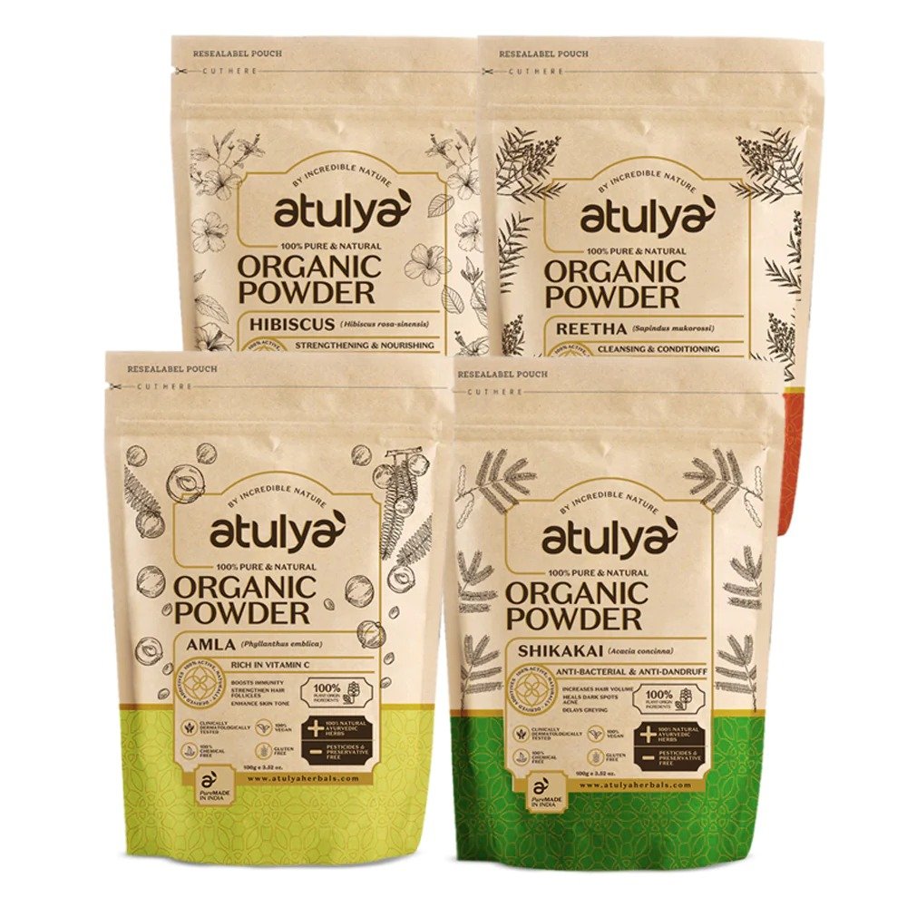 Atulya 100% Pure & Natural Organic Powder Hibiscus, Reetha, Amla, Shikakai Powder combo